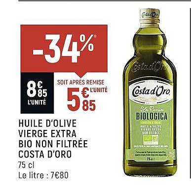 huile d'olive vierge extra bio non filtrée costa d'oro