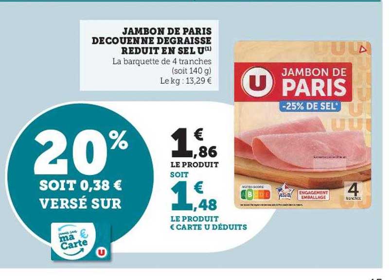 jambon de paris découenné dégraissé réduit en sel u