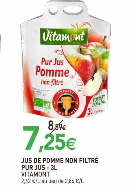 jus de pomme non filtré pur jus vitamont - 3l