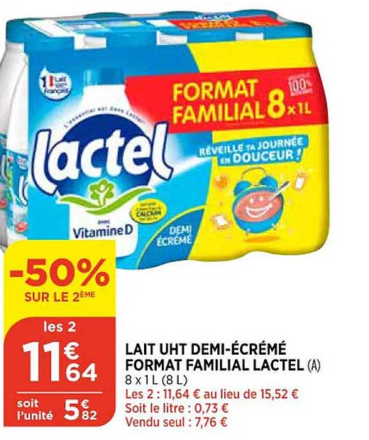 lait uht demi-écrémé format familial lactel
