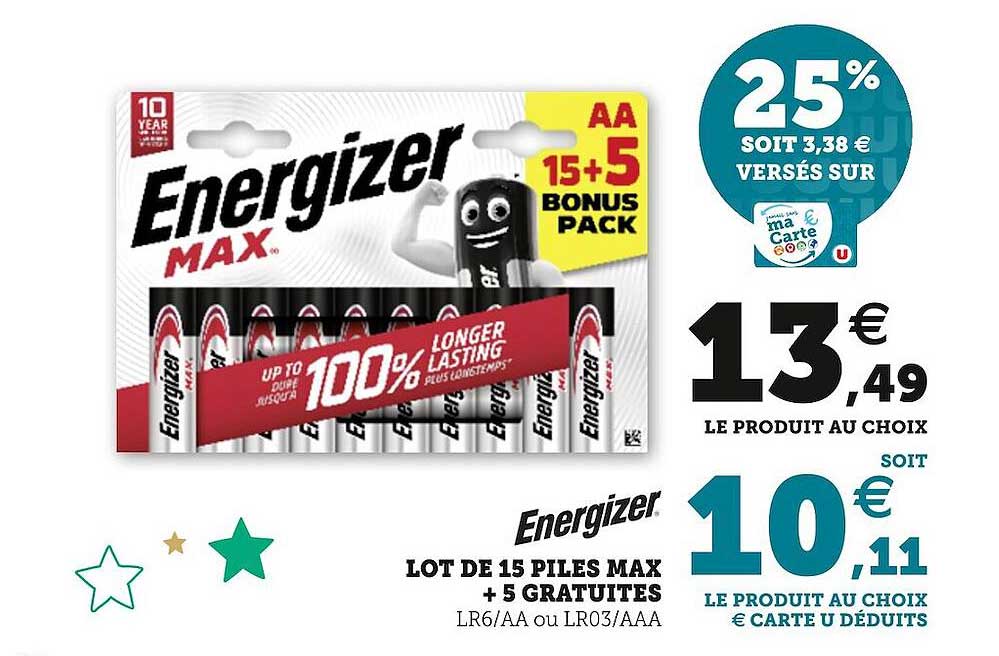 lot de 15 piles max + 5 gratuites energizer