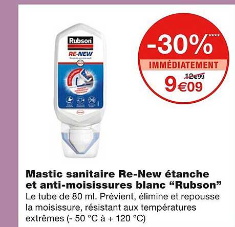 mastic sanitaire re-new étanche et anti-moisissures blanc "rubson"