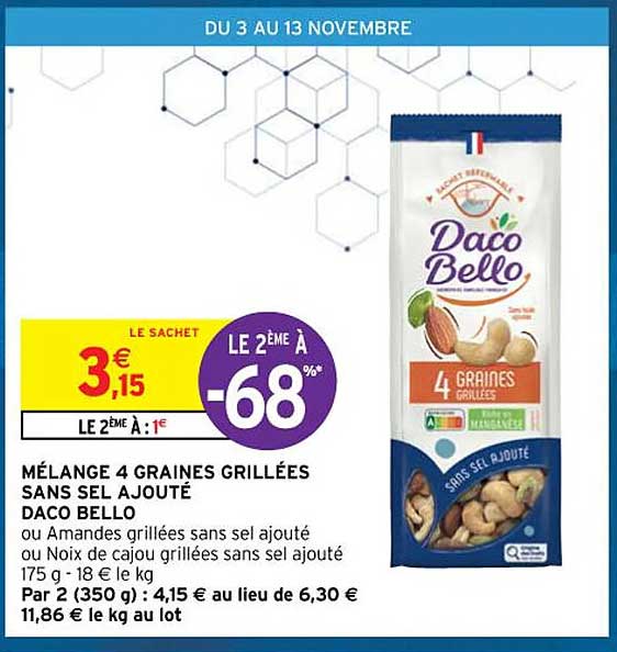 mélange 4 graines grillées sans sel ajouté daco bello