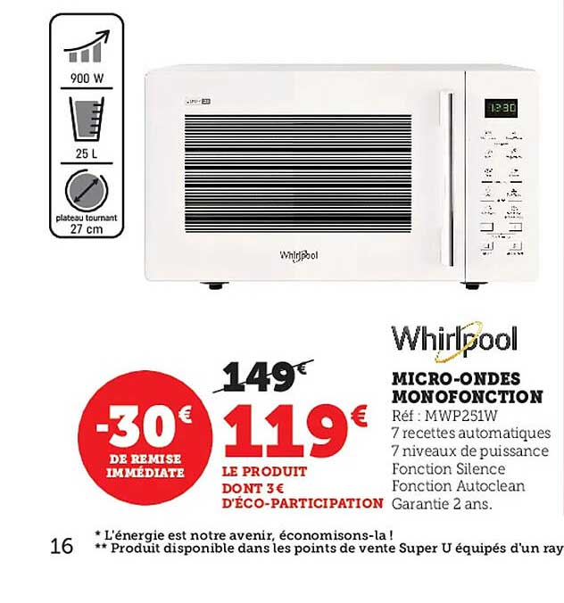 micro-ondes monofonction whirlpool