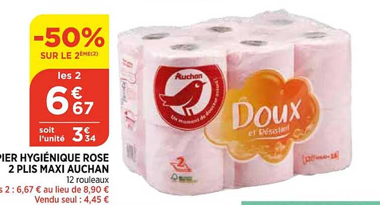 papier hygiénique rose 2 plis maxi auchan