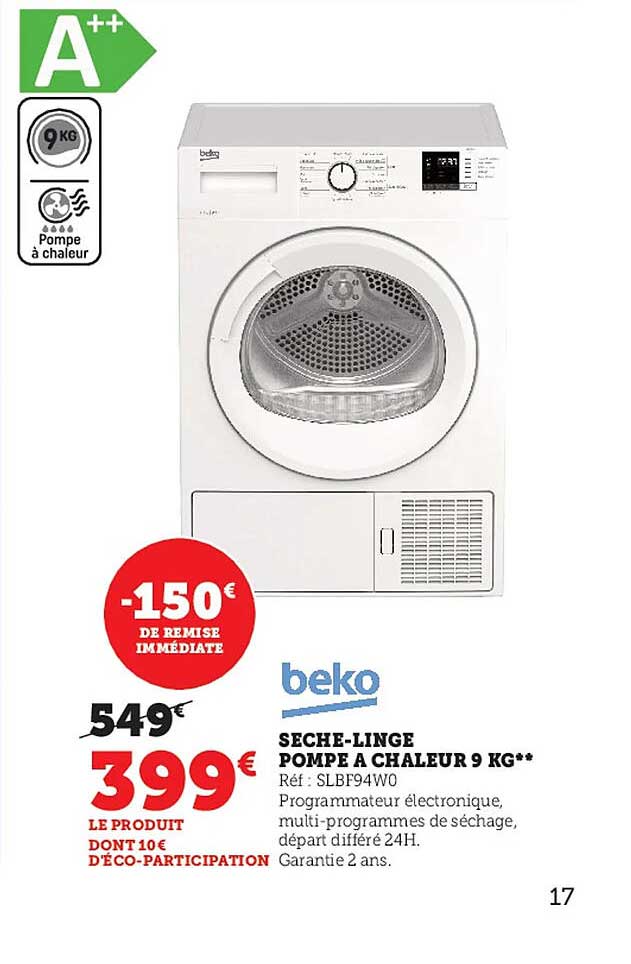 sèche-linge pompe chaleur 9 kg beko