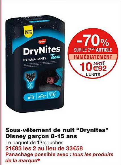 sous-vêtement de nuit "drynites" disney garçon 8-15 ans