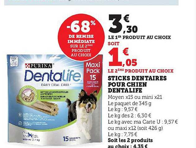 sticks dentaires pour chien dentalife -68% de remise immédiate sur le 2ème produit au choix