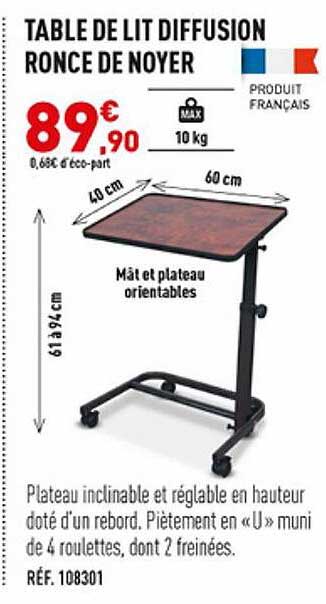table de lit diffusion ronce de noyer