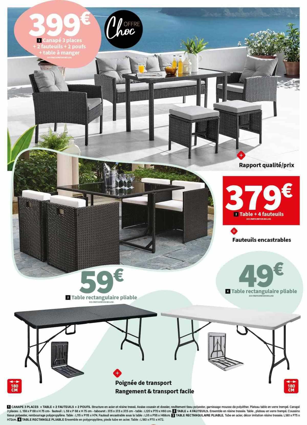 canapé 3 places + 2 fauteuils + 2 poufs + table à manger, table rectangulaire pliable