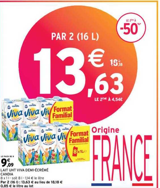lait uht viva demi-écrémé candia