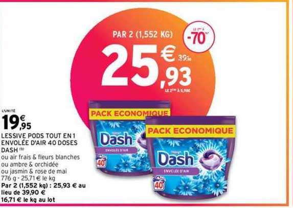 Lessive Pods Tout En 1 Envolée D'air 40 Doses Dash