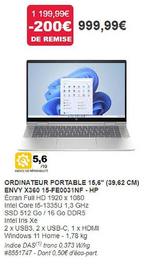 ordinateur portable 15,6" (39,62 cm) envy x360 hp