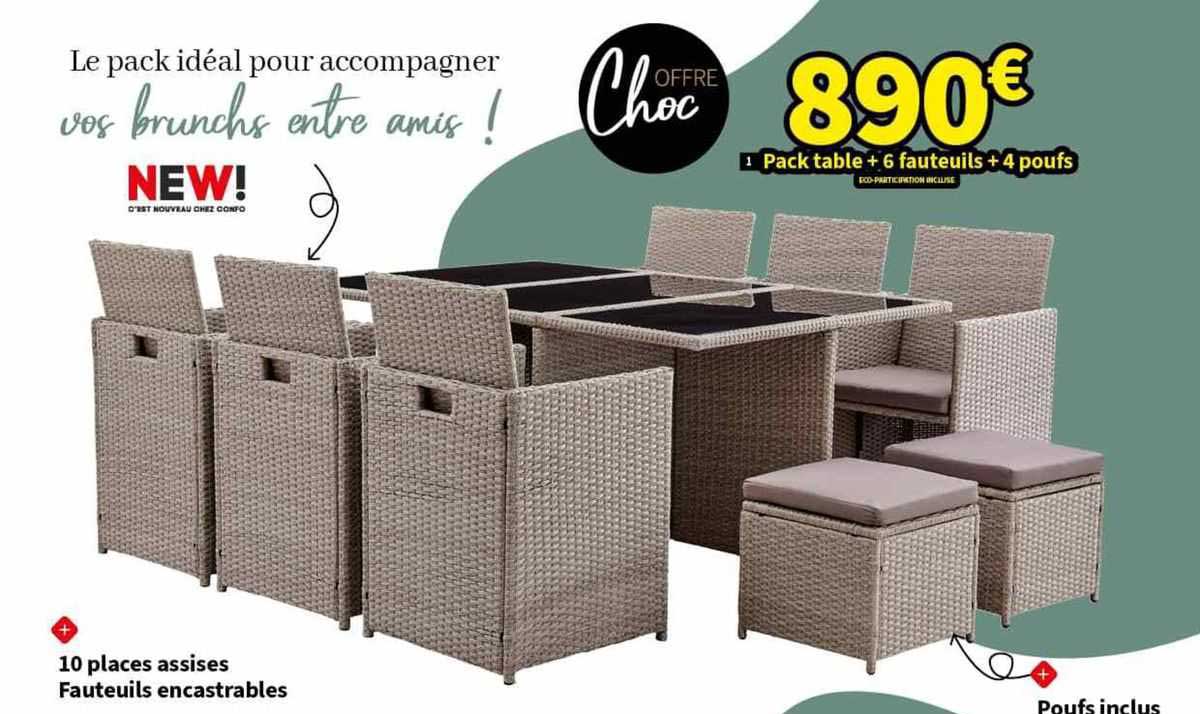 pack table + 6 fauteuils + 5 poufs