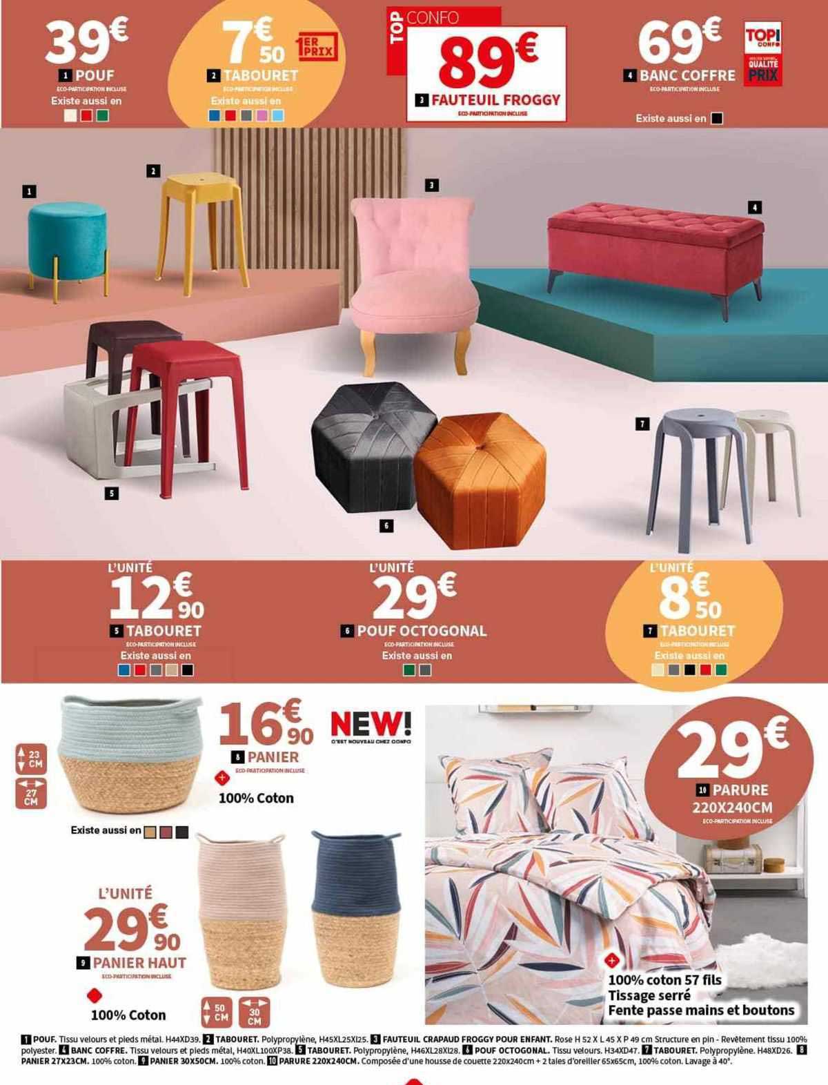 pouf, tabouret, fauteuil froggy, banc coffre, pouf octogonal, panier, panier haut, parure 220 x 240 cm