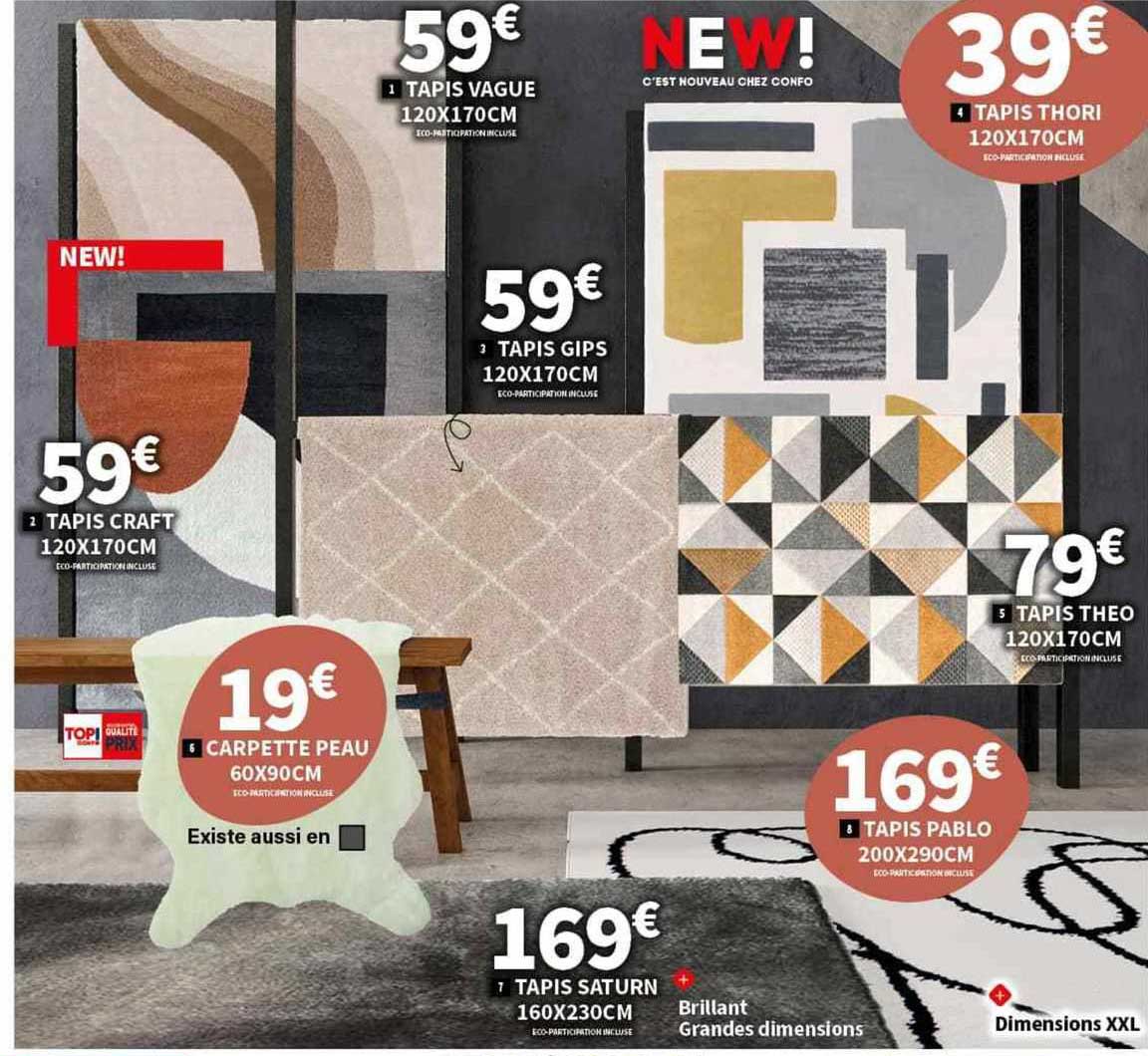 tapis craft 120 x 170 cm, carpette peau 60 x 90 cm, tapis saturn 160 x 230 cm, tapis gips 120 x 170 cm, tapsi vague 120 x 170 cm, tapis thori 120 x 170 cm, tapis théo 120 x 170 cm, tapis pablo