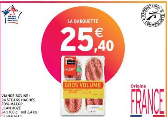 viande bovine : 24 steaks hachés 20% mat.gr. jean rozé