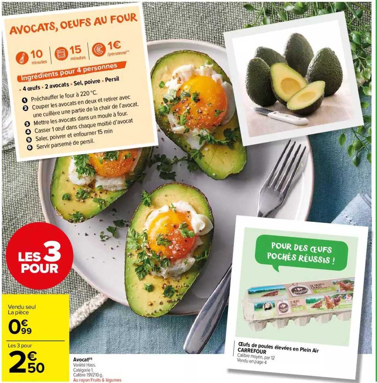 avocat hass, oeufs de poules élevées en plein air carrefour