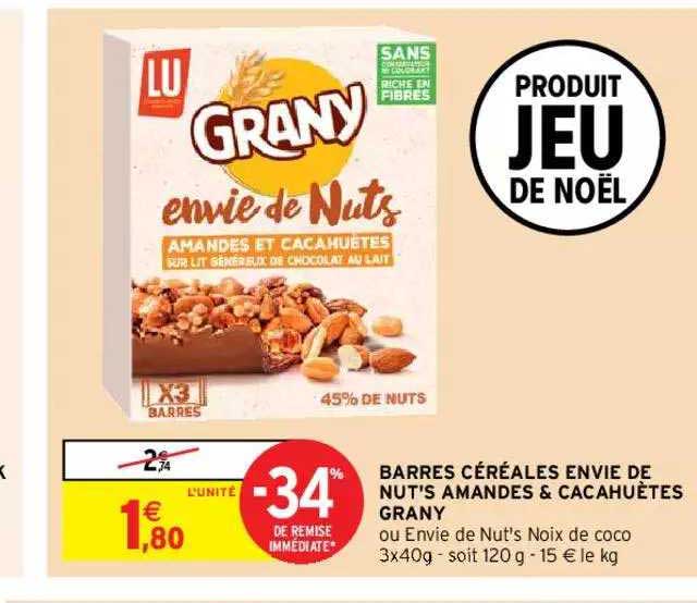 barres céréales envie de nut's amandes & cacahuètes grany
