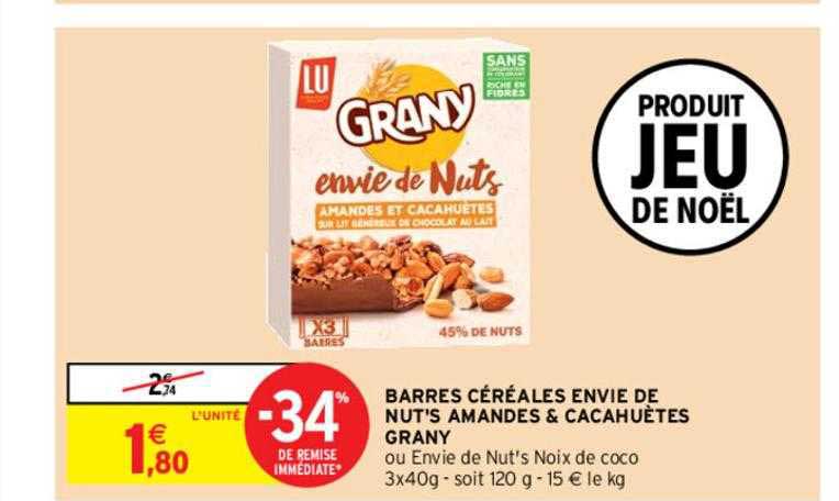 barres céréales envie de nut's amandes & cacahuètes grany
