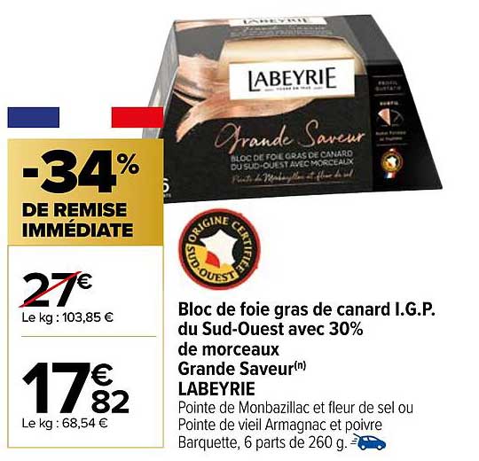 bloc de foie gras de canard i.g.p. du sud-ouest avec 30% de morceaux grande saveur labeyrie