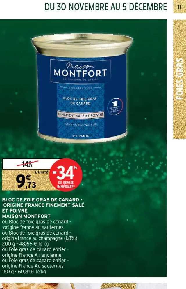 bloc de foie gras de canard-origine france finement salé et poivré maison montfort