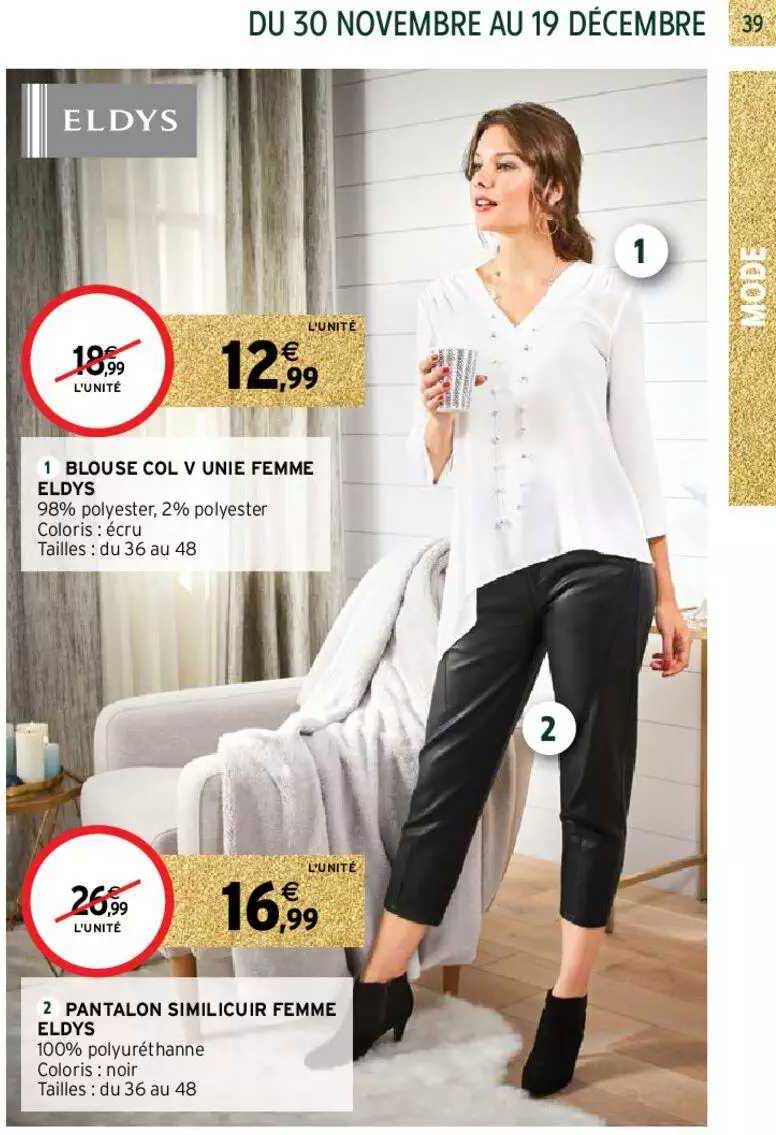 blouse col v unie femme eldys, pantalon similicuir femme eldys