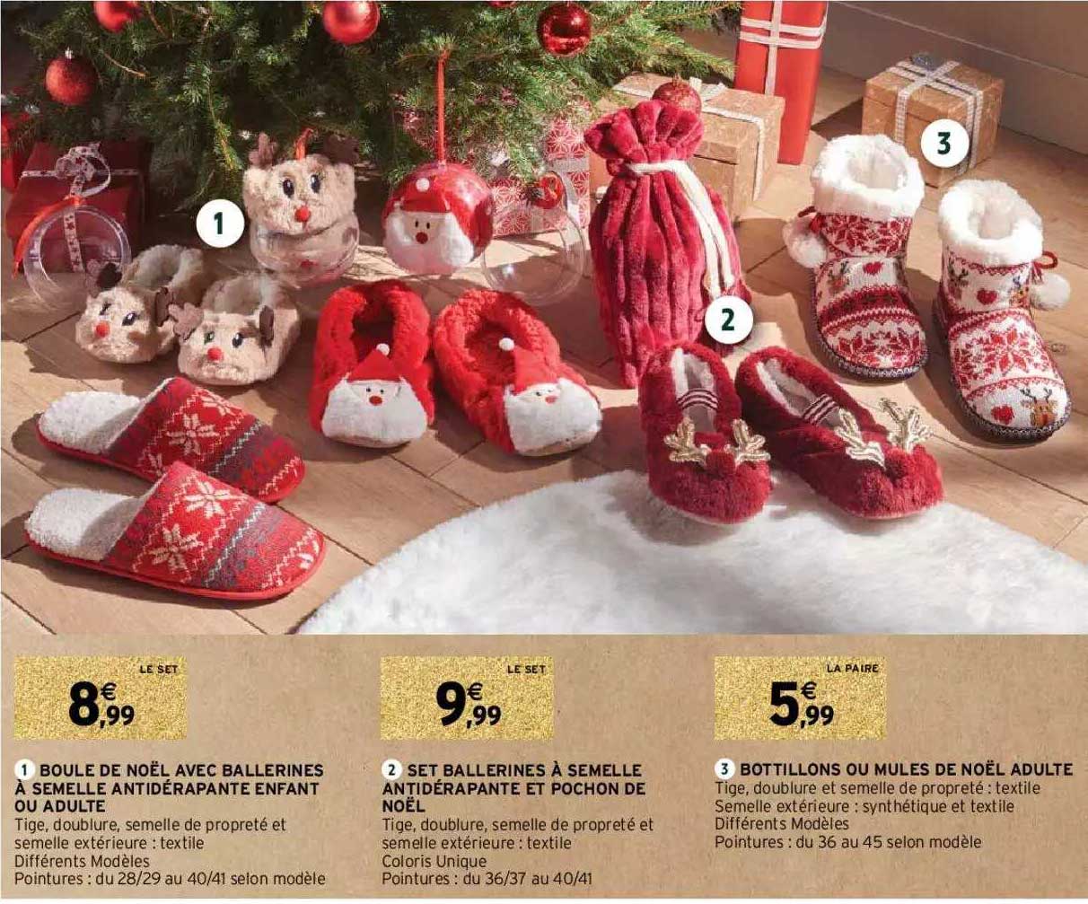 boule de noël avec ballerines à semelle antidérapante enfant ou adulte, set ballerines à semelle antidérapante et pochon de noël, botillons ou mules de noël adulte