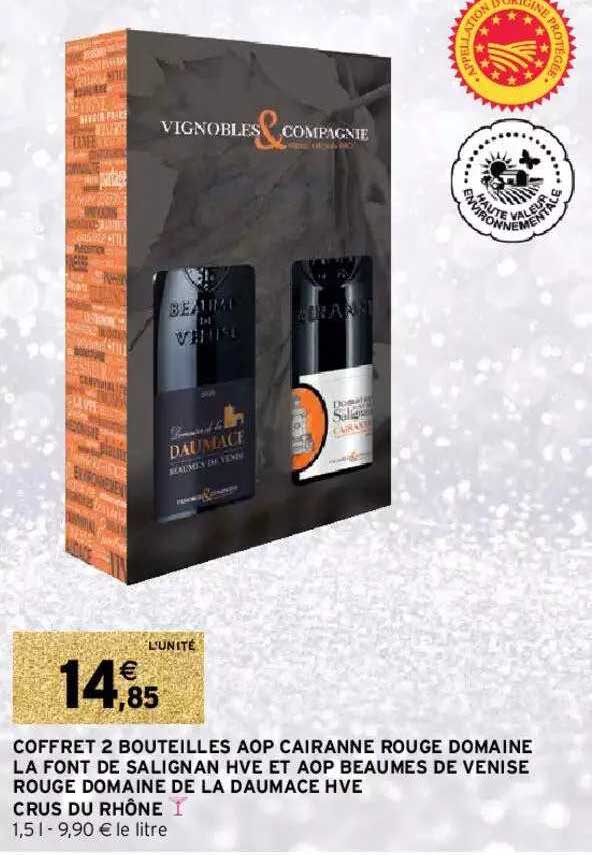 coffret 2 bouteilles aop cairanne rouge domaine la font de salignan hve et aop beaumes de venise rouge domaine de la daumace hve crus du rhône
