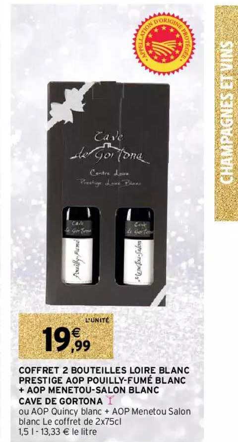 coffret 2 bouteilles loire blanc prestige aop pouilly-fumé banc + aop menetou-salon blanc cave de gortona