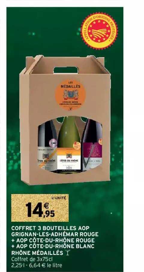 coffret 3 bouteilles aop grignan-les-adhémar rouge + aop côte-du-rhône rouge + aop côte-du-rhône blanc rhône médaillés