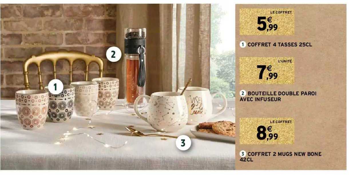 coffret 4 tasses 25cl, bouteille double paroi avec infuseur, coffret 2 mugs new bone 42cl