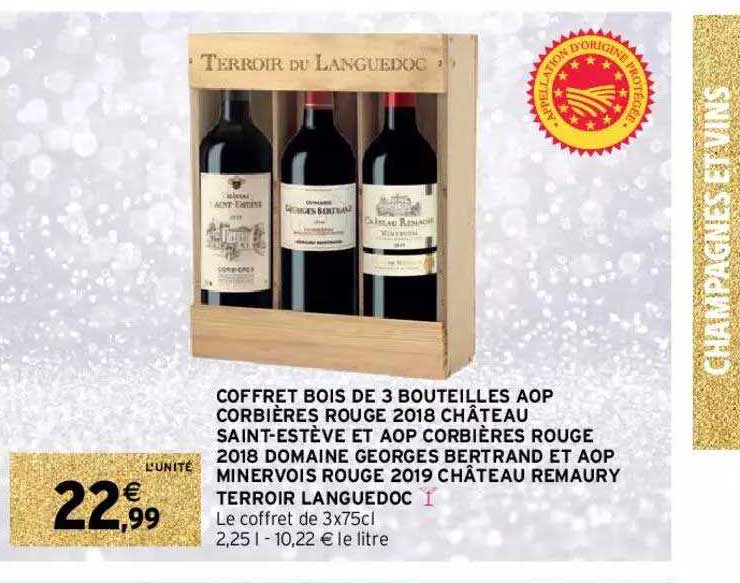 coffret bois de 3 bouteilles aop corbières rouge 2018 château saint-estève et aop corbières rouge 2018 domaine georges bertrand et aop minervois rouge 2019 château remaury terroir langedoc
