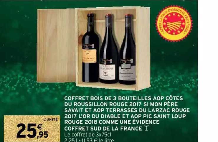 coffret bois de 3 bouteilles aop côtes du roussillon rouge 2017 si mon père savait et aop terrasses du larzac rouge 2017 l'or du diable et aop pic saint loup rouge 2018 comme une évidence coffret sud