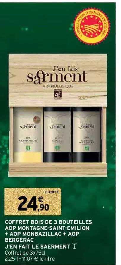 coffret bois de 3 bouteilles aop montagne-saint-émilion + aop monbazillac + aop bergerac j'en fait le saerment