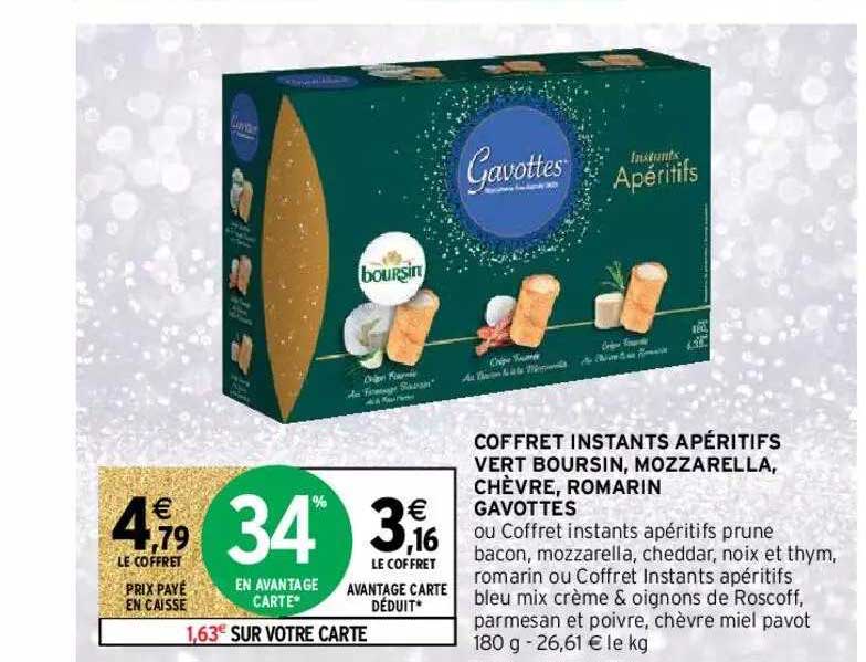 coffret instants apéritifs vert boursin, mozzarella, chèvre, romarin gavottes