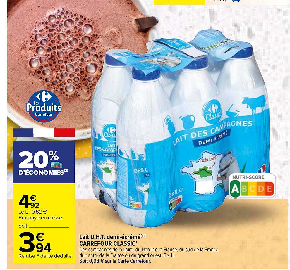 lait u.h.t. demi-écrémé carrefour classic'