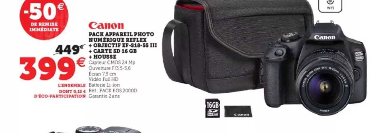 pack appareil photo numérique reflex + objectif ef-s18-55 III + carte sd 16 gb + housse