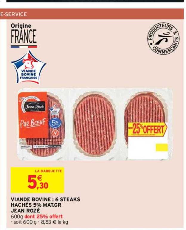 viande bovine : 6 steaks hachés 5% mat. gr. jean rozé