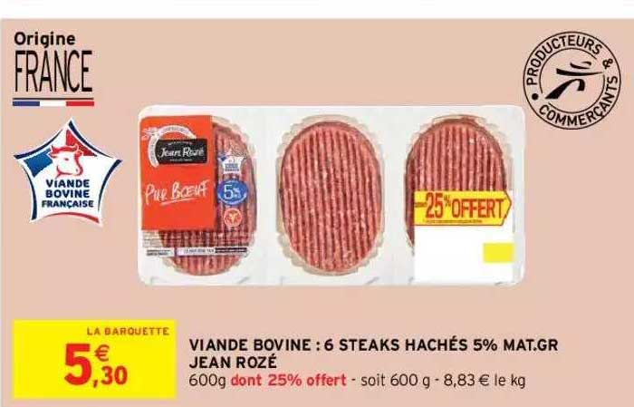 viande bovine : 6 steaks hachés 5% mat. gr. jean rozé