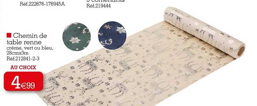 chemin de table renne crème, vert ou bleu 28 cm x 3 m