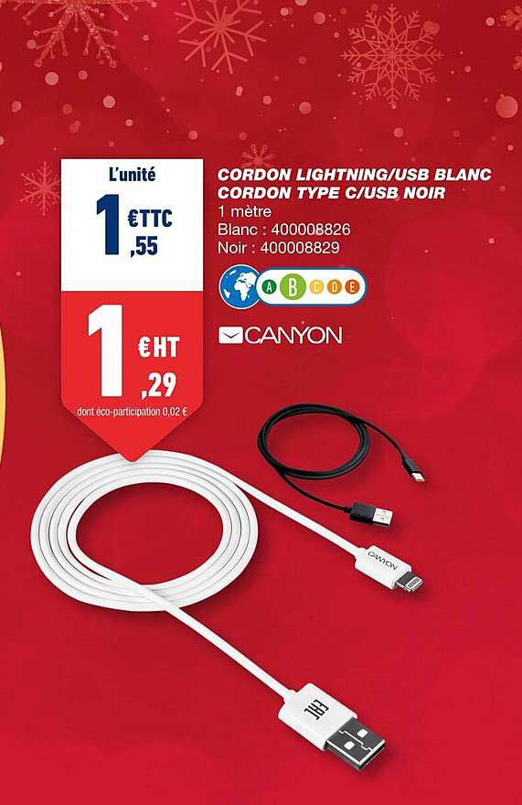 cordon lightining-usb blanc cordon type c-usb noir