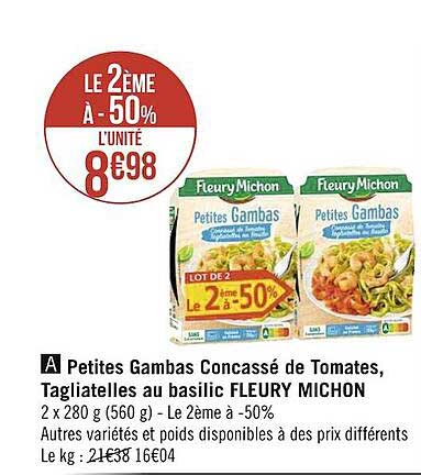 petites gambas concassé de tomates, tagliatelles au basilic fleury michon