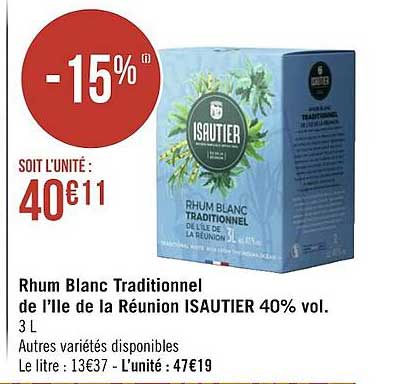 rhum blanc traditionnel de l'île de la réunion isautier 40% vol.