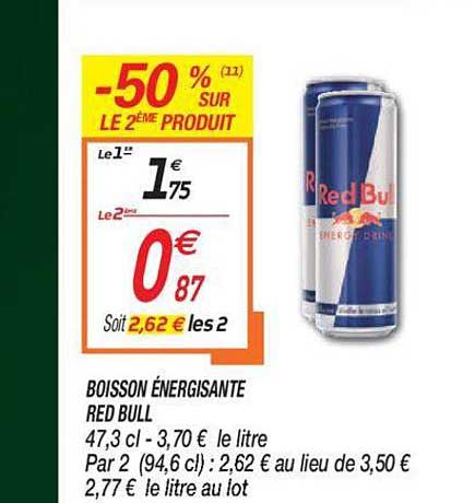 boisson énergisante red bull -50% sur le 2ème produit