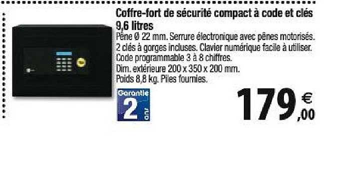 coffre-fort de sécurité compact à code et clés 9,6 litres
