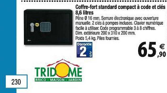 coffre-fort standard compact à code et clé 8,6 litres