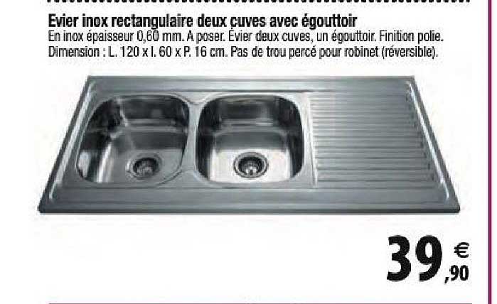 évier inox rectangulaire deux cuves avec égouttoir