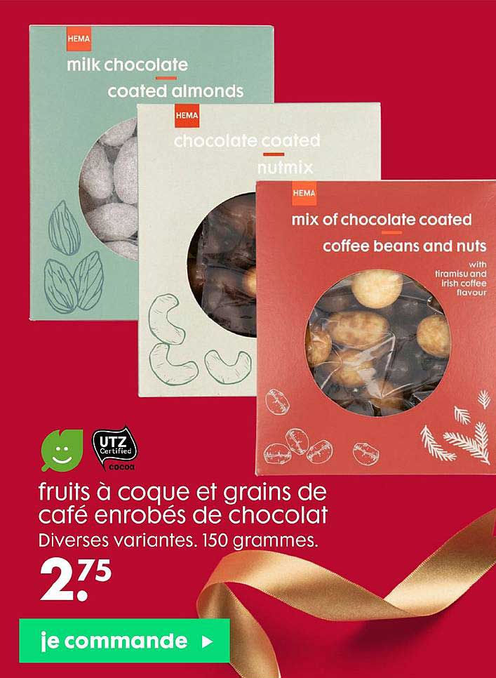 fruits à coque et grains de café enrobés de chocolat utz