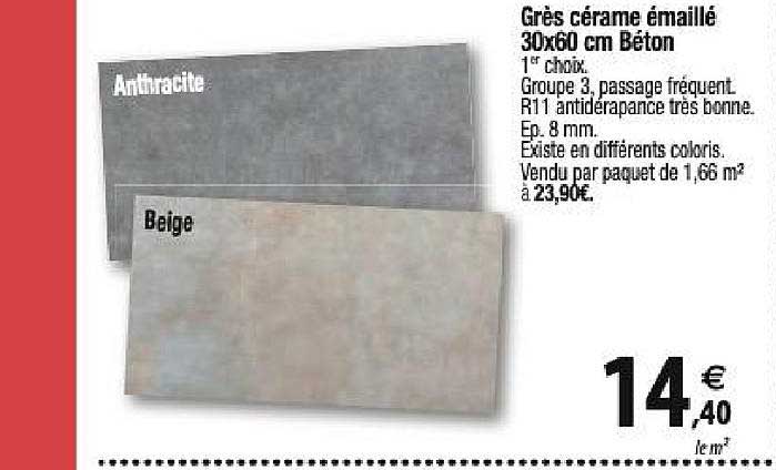 grès cérame émaillé 30x60 cm béton